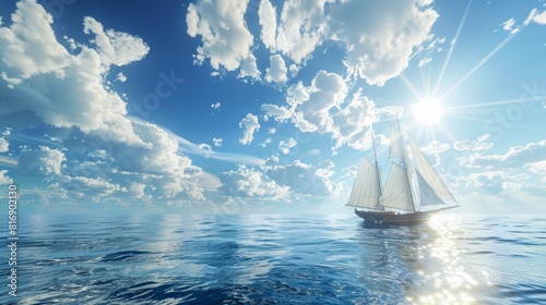 A large sailboat is sailing in the ocean on a sunny day photo