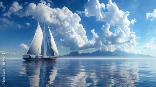 A large sailboat is sailing in the ocean on a sunny day photo