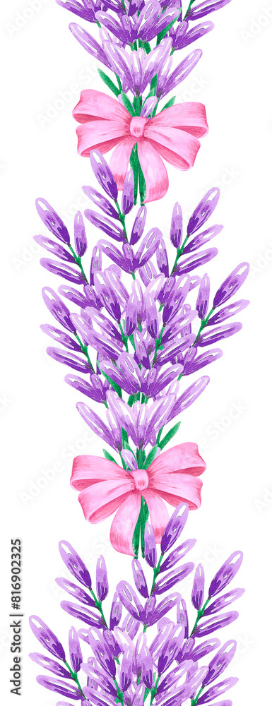 Hand drawn watercolor lavender bouquet with a bow seamless border isolated on white background. Can be used for wrapping, scrapbook and other printed products.