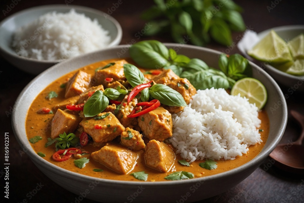 Thai Fish Curry, A bowl of rich and aromatic Thai fish curry, garnished with fresh basil and served with steamed jasmine rice Thai Fish Curry, A bowl of rich and aromatic Thai fish curry, garnished with fresh basil and served with steamed jasmine rice