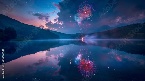 Fireworks reflected in a lake at sunset