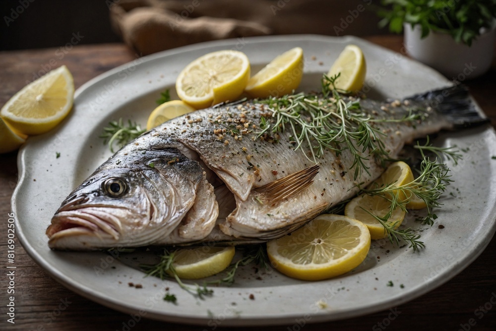 Baked Sea Bass, A whole baked sea bass with crispy skin, garnished with fresh herbs and lemon wedges