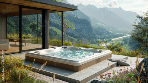 A hot tub is placed on a wooden deck overlooking a majestic mountain range. The deck provides a perfect vantage point to enjoy the scenic beauty of the mountains while soaking in the hot tub © Exclusive 