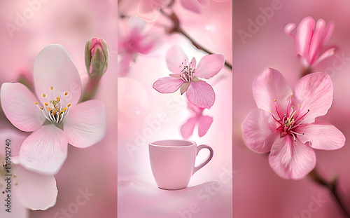 Three images of pink flowers are displayed  with one of them being a close up of a white cup with pink flowers in it. Generative AI