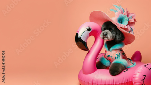 Funny dog wearing summer fashion with rubber ring on pastel background. Summer Vacation Concept.