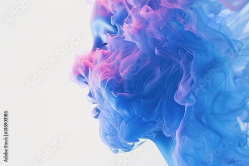 Colorful smoke forming female profile on white background