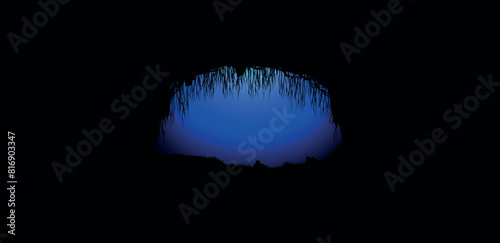 vector landscape with silhouette of moonlit cavern