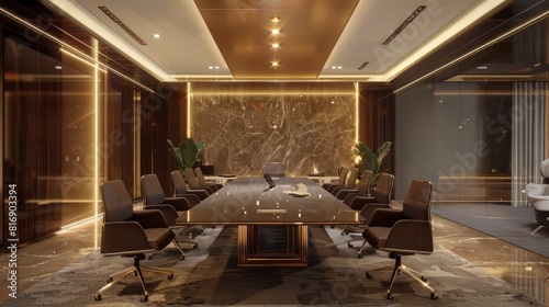 Boardroom with marble walls and a large conference table.