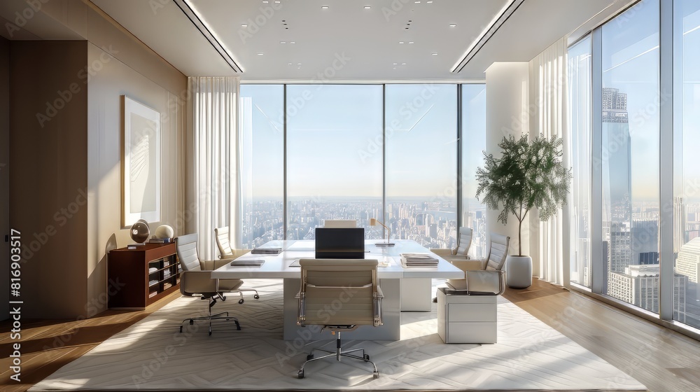Fototapeta premium Modern office interior with floor-to-ceiling windows and a view of the city