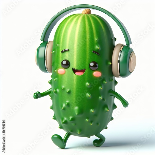 cute 3D funny cartoon Cucumber with small wireless headphone on head smiling and dancing, white background photo