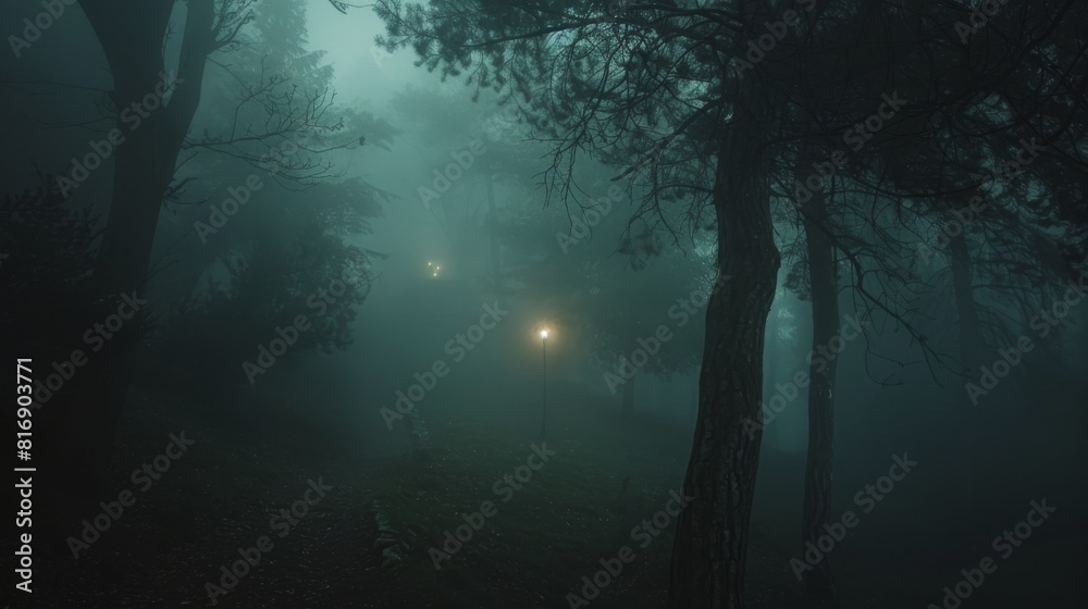 Foggy forest path at night for horror or fantasy themed designs