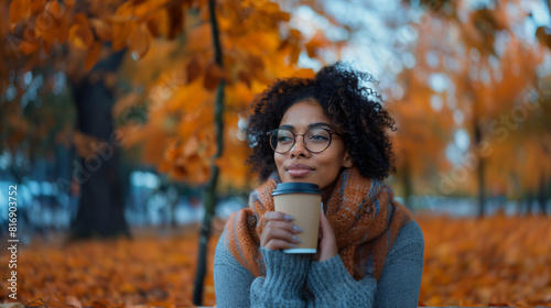 Attractive, professional, black woman enjoying a hot beverage outdoors in a park during autumn, wearing stylish fall clothes