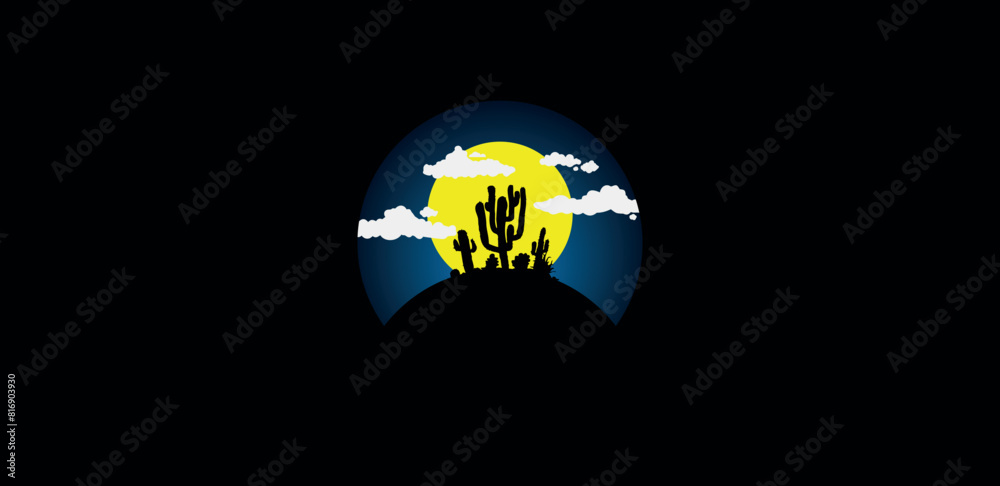 vector Landscape with silhouettes of cactus, clouds and moon at night vector Landscape with silhouettes of cactus, clouds and moon at night