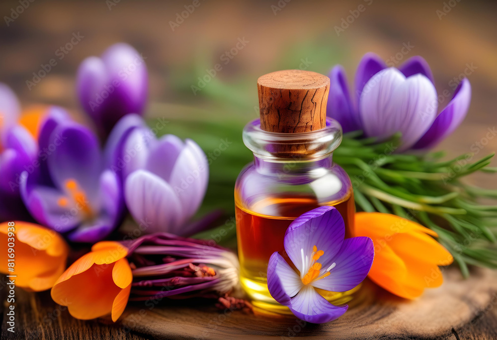 A glass bottle of saffron essential oil with dried saffron spice on a wooden background A glass bottle of saffron essential oil with dried saffron spice on a wooden background