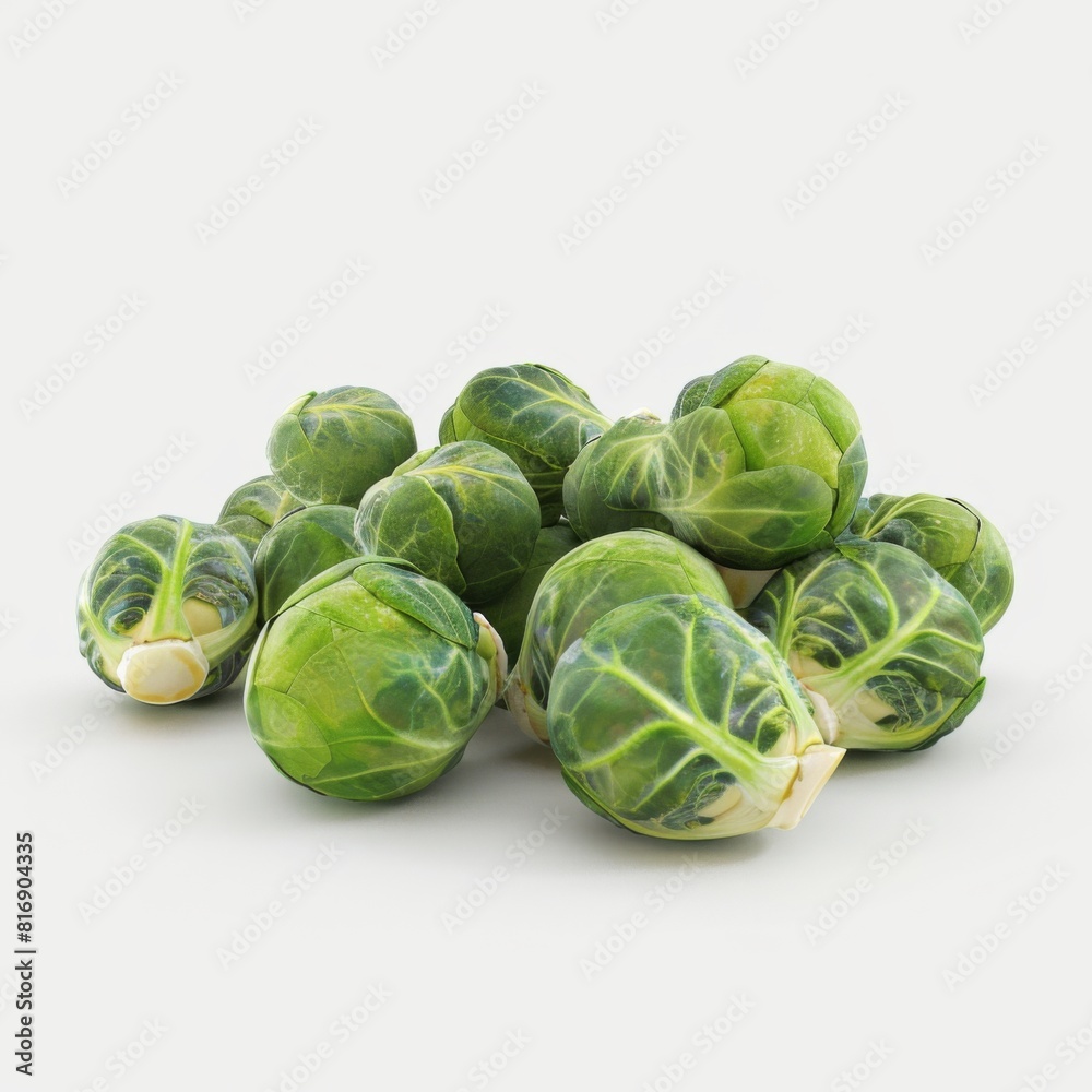 A cluster of Brussels sprouts stacked on a plain white surface A cluster of Brussels sprouts stacked on a plain white surface