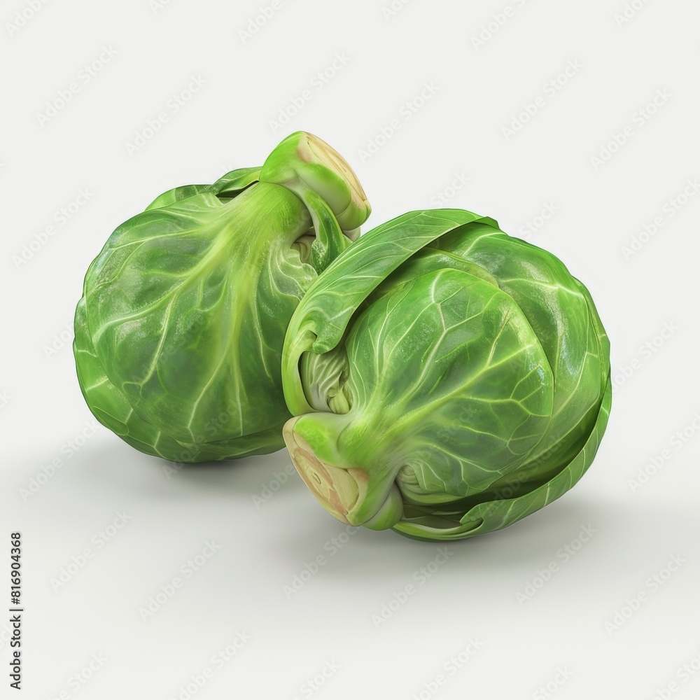 Obraz premium Two Brussels sprouts arranged on a plain white background