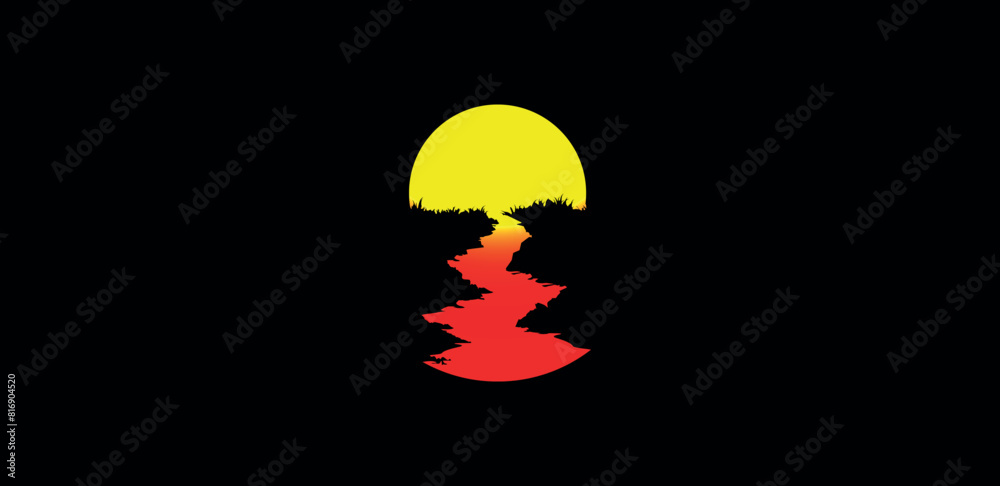 vector landscape with silhouettes of sunlit river, sunrise, sunset vector landscape with silhouettes of sunlit river, sunrise, sunset