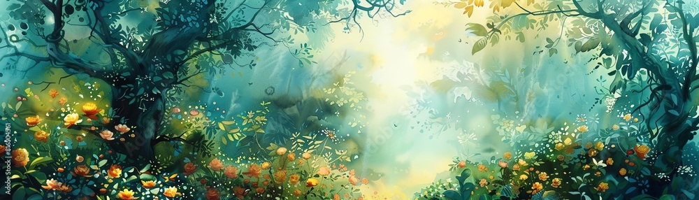 The photo shows a beautiful forest with a lot of green trees and yellow flowers. The sun is shining through the trees. The forest is full of mystery and magic. The photo shows a beautiful forest with a lot of green trees and yellow flowers. The sun is shining through the trees. The forest is full of mystery and magic.