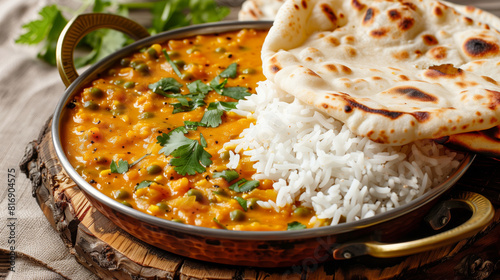 A close-up of a traditional Indian meal consisting of dal (lentil curry), basmati rice, and naan bread garnished with fresh cilantro, served in a copper bowl on a rustic wooden surface. photo