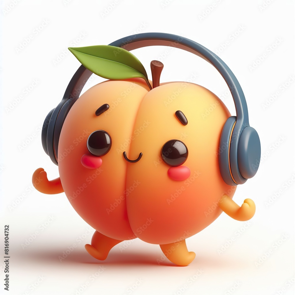 cute 3D funny cartoon Apricot with small wireless headphone on head smiling and dancing, white background cute 3D funny cartoon Apricot with small wireless headphone on head smiling and dancing, white background