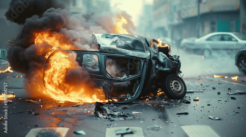 Dramatic scene of a car engulfed in flames and smoke after a severe accident on a city street, with debris scattered around. photo