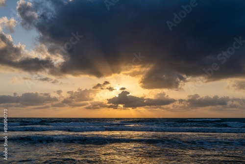 Beautiful Mediterranean Sea with God s rays at sunset at the coastline near Haifa  Israel  