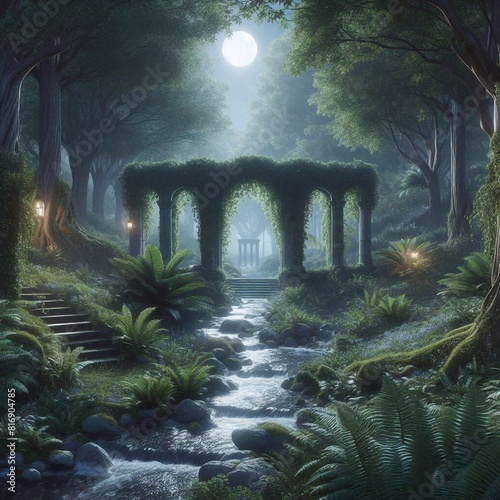 A photorealistic image of a garden with dense green hedges  a small stream  and a cobblestone pathway. Evening  moonlight. A place for relaxation and meditation.
