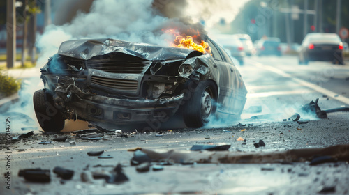 Crashed car with severe front-end damage on a city street, with smoke and fire emanating from the wreckage amid scattered debris. photo
