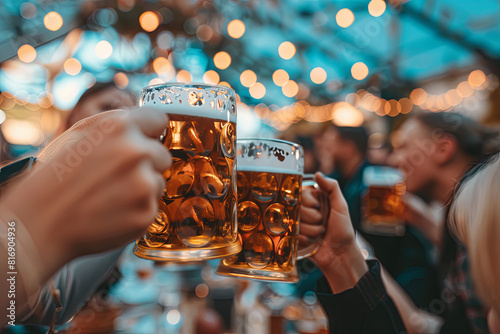 Festive Oktoberfest celebration with visitors raising beer mugs in a cozy tent