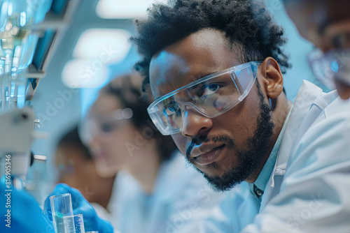 African American scientist collaborating with a diverse research team in a modern lab photo