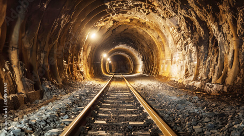 A dimly lit underground railway tunnel with two train tracks extending into the distance. The walls of the tunnel are rugged and lined with lights.
