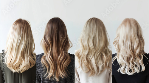 Four women seen from the back showcasing different blonde hairstyles in soft waves. The images are aligned side by side on a plain background, highlighting hair color and texture variations.