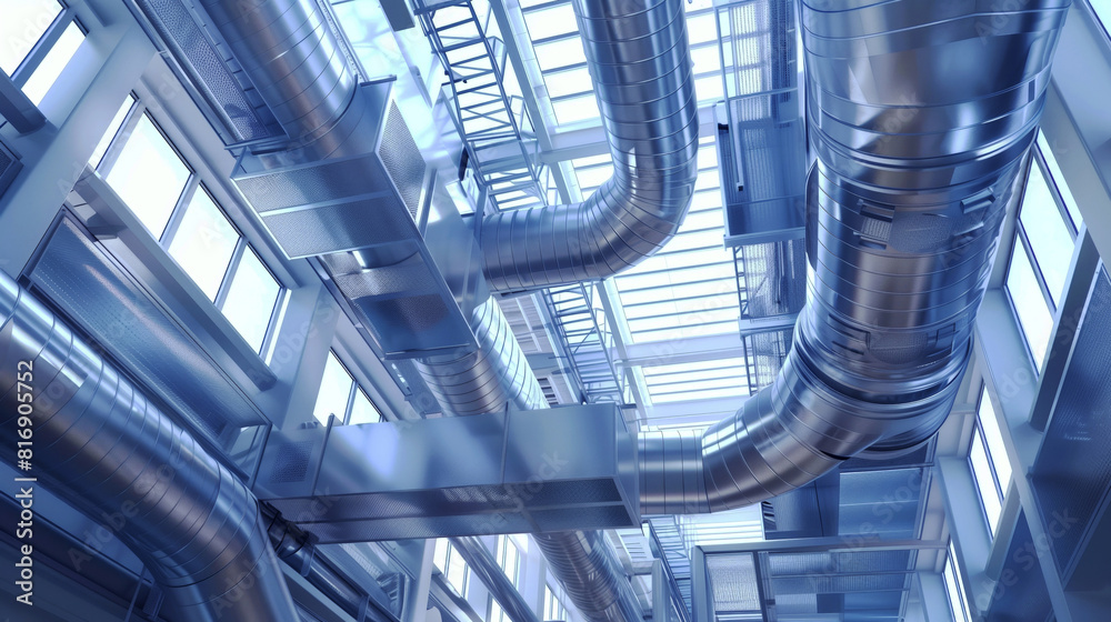 Industrial interior with large metallic ventilation ducts, bright and smooth surfaces, and abundant natural light from large windows and skylights. Industrial interior with large metallic ventilation ducts, bright and smooth surfaces, and abundant natural light from large windows and skylights.