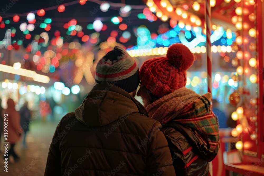 Back view of a couple at a brightlylit night fair, immersed in holiday lights and colors Back view of a couple at a brightlylit night fair, immersed in holiday lights and colors
