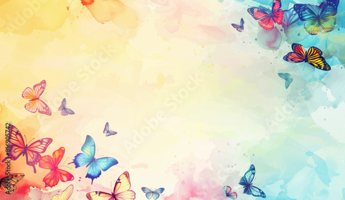 Pastel background with a border of butterflies, copy space.
