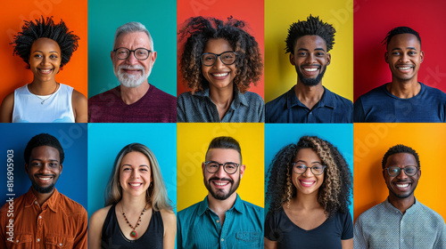 A group of diverse people, both men and women, smile at the camera while standing against a colorful backdrop