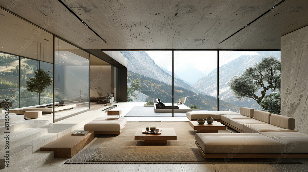 A modern living room featuring sleek furniture and large windows offering a stunning view of majestic mountains in the distance A modern living room featuring sleek furniture and large windows offering a stunning view of majestic mountains in the distance