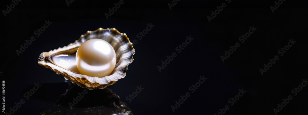 Banner with white pearl in oyster shell on mirrored black surface with space for text, sparkling drops of water Banner with white pearl in oyster shell on mirrored black surface with space for text, sparkling drops of water