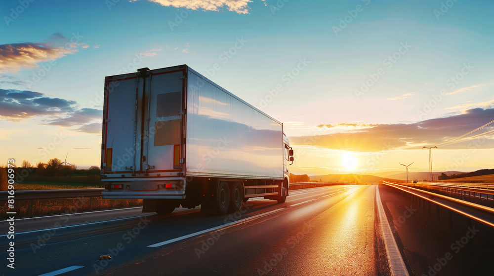 A large cargo truck driving on a highway during sunset, with wind turbines and a beautiful sky in the background, symbolizing transportation and sustainable energy.