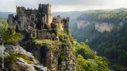 "A picturesque view of the medieval ChÃ¢teau de Commarque in France, 