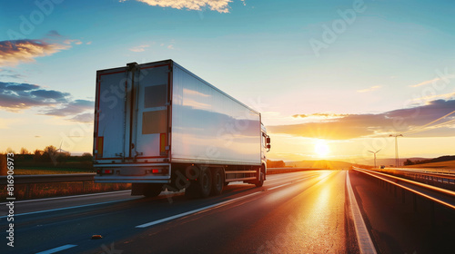 A large cargo truck driving on a highway during sunset, with wind turbines and a beautiful sky in the background, symbolizing transportation and sustainable energy.
