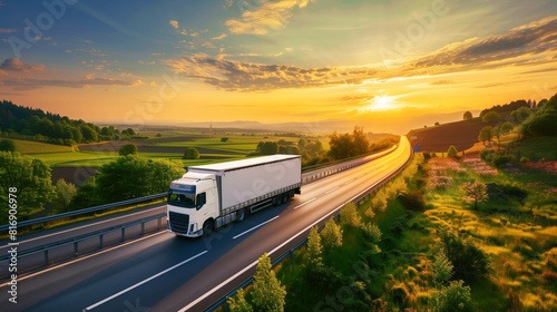 A white truck drives down a highway surrounded by lush green fields and forests at sunset, with a vibrant sky and scenic landscape in the background.