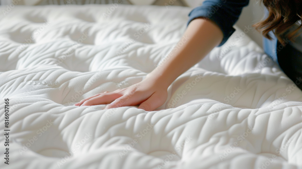 A hand gently pressing on a textured white mattress, demonstrating its softness and comfort. The image highlights the mattress's design and quality. A hand gently pressing on a textured white mattress, demonstrating its softness and comfort. The image highlights the mattress's design and quality.