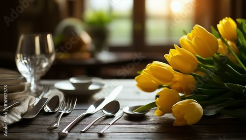 A wooden table with forks, knives, and spoons arranged creatively, surrounded by scattered flowers, like yellow tulips on the right, creating an inviting dining atmosphere.