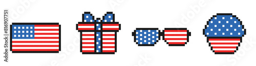 US independence day pixel icon set, vintage, 8 bit, 80s, 90s games style, 4th of july, patriotic elements, USA flag, gift, sunglasses, muffin, cupcake, vector illustration