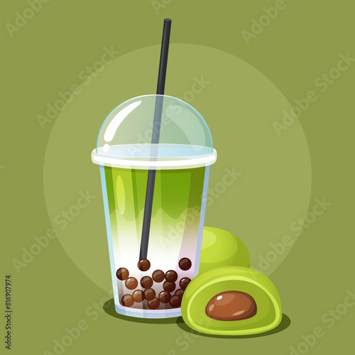 Cold matcha bubble milk tea in takeaway plastic cup with lid, and chocolate matcha mochi dessert.	
