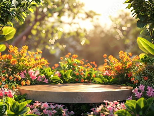 A wooden platform sits in a lush  sunlit meadow. Green grass and colorful flowers surround it. Birds chirp in the trees  and a gentle breeze rustles the leaves.