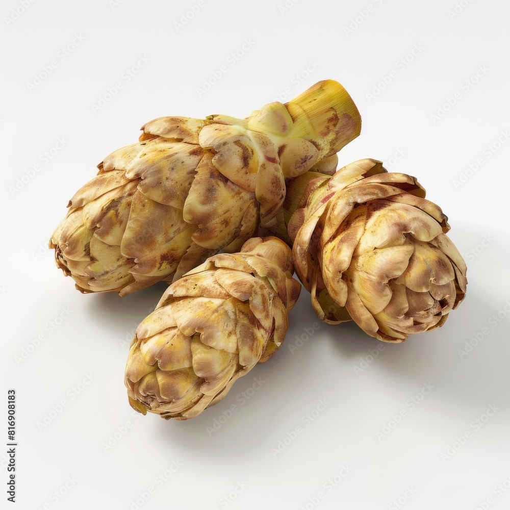 Fototapeta premium Three fresh artichokes neatly placed on a white background
