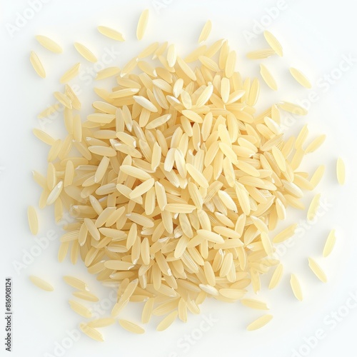 Heap of yellow rice grains on flat white background