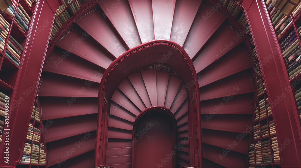 Fototapeta premium Top view of a three-quarter turn staircase in a library, deep burgundy, surrounded by rows of books.